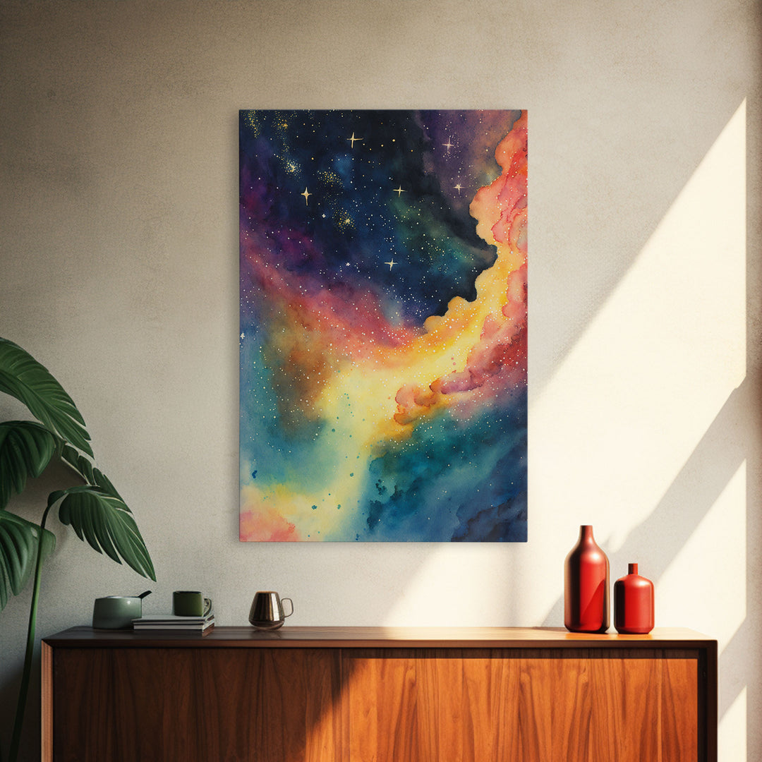 The Rainbow Nebula, Deep Space Art, Framed Canvas Print, Watercolor Painting of Space