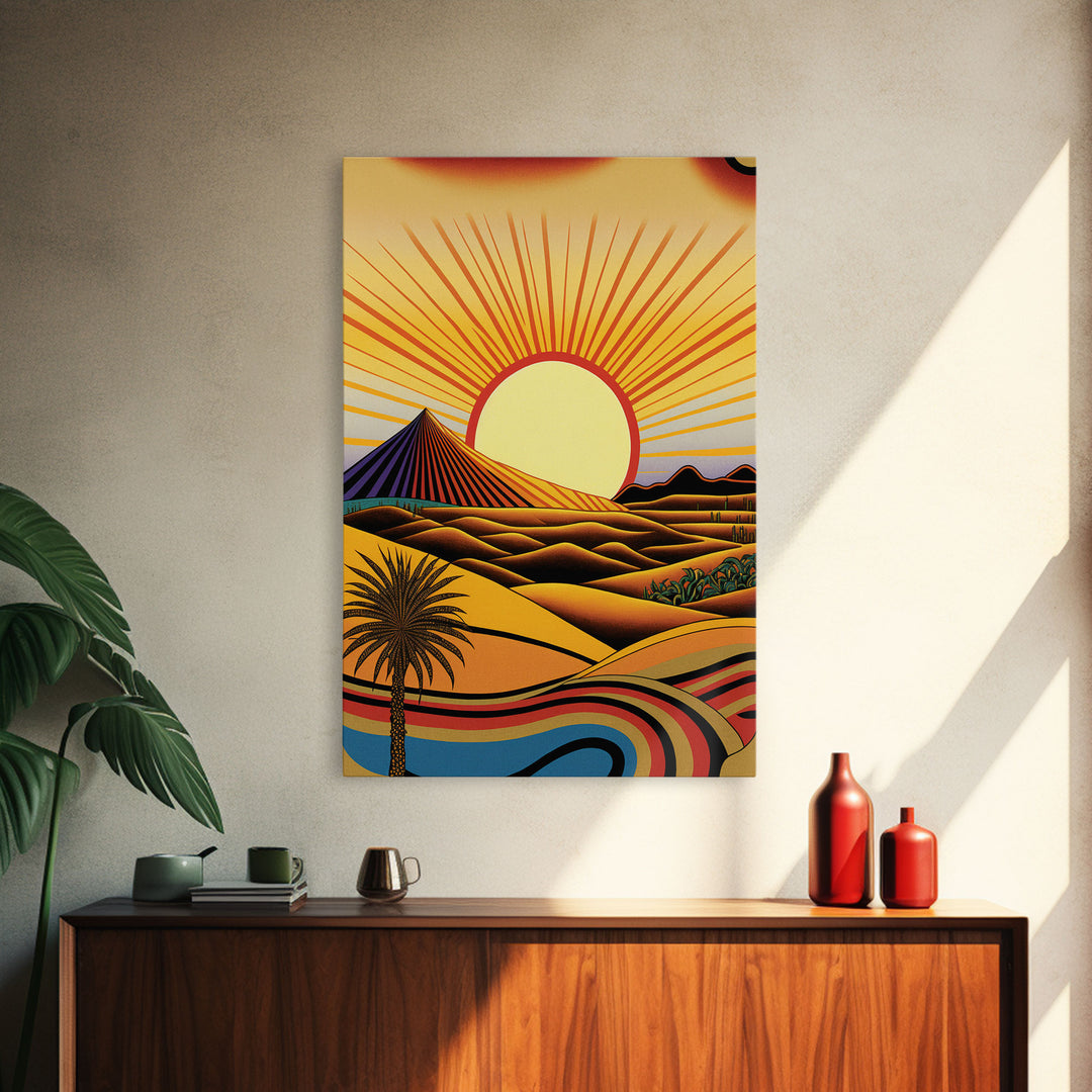 Art Deco Style Desert Landscape Painting Canvas Print, Framed Canvas Art, Unique Arizona Pueblo Style Southwestern Art