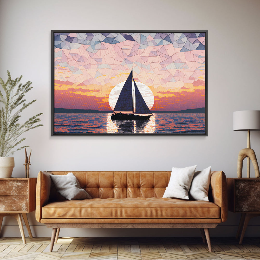 Sailing Under a Stained Glass Sky, Framed Canvas Print, Canvas Art, Nautical Art Deco Style Sunset Art