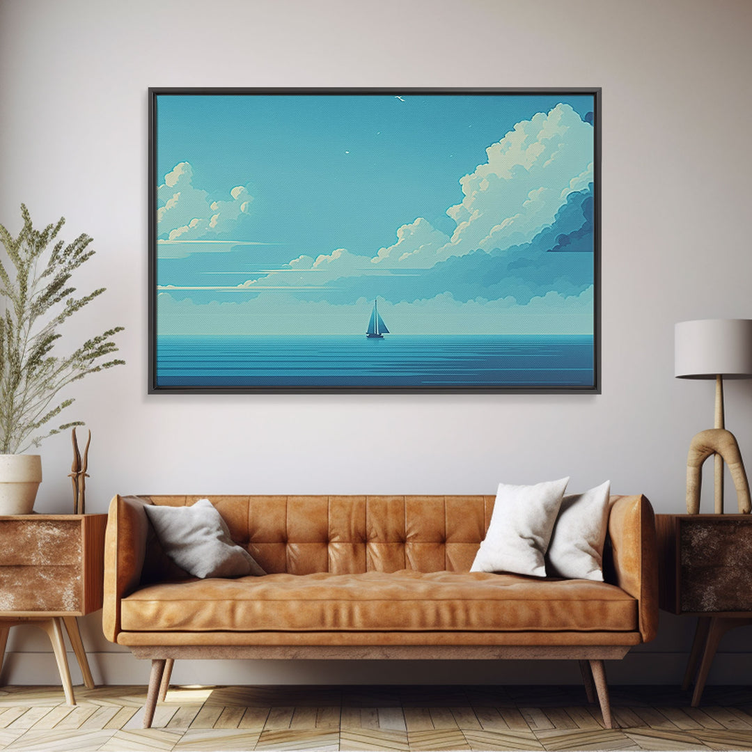 Monochromatic Sail Boat Art, Blue Tones, Framed Canvas Print, Blue Sky and Blue Sea There's Nothing Else For Me