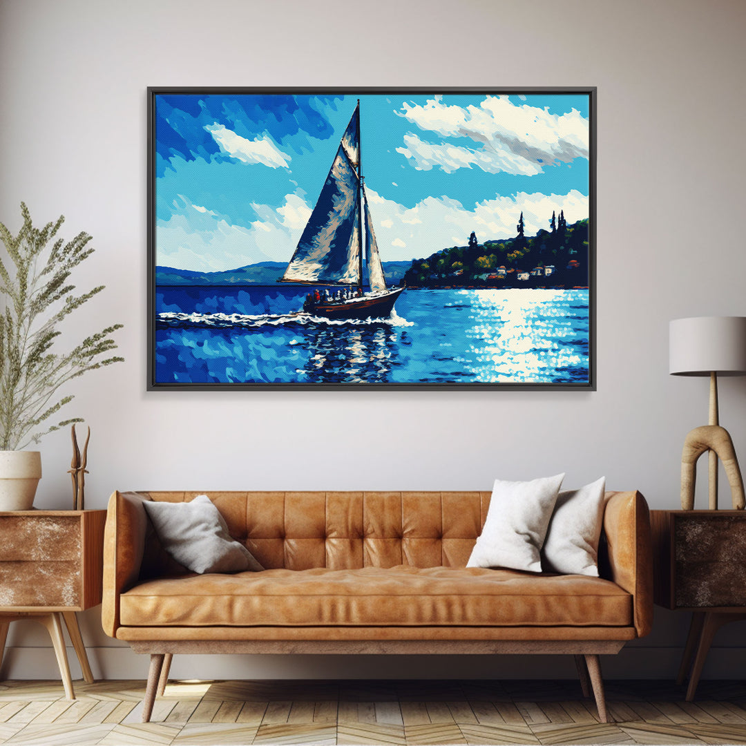 Blue Sky and Blue Sea There's Nothing Else For Me, Framed Canvas Print, Oil Painting Style, Sailing / Sail Boat Art