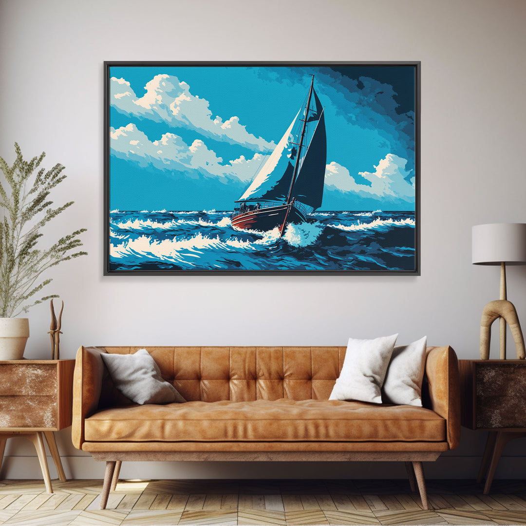 In The Chop, Monochromatic Art, Blue Tones, Framed Canvas Print, Sailing Art, Nautical Themed Decor