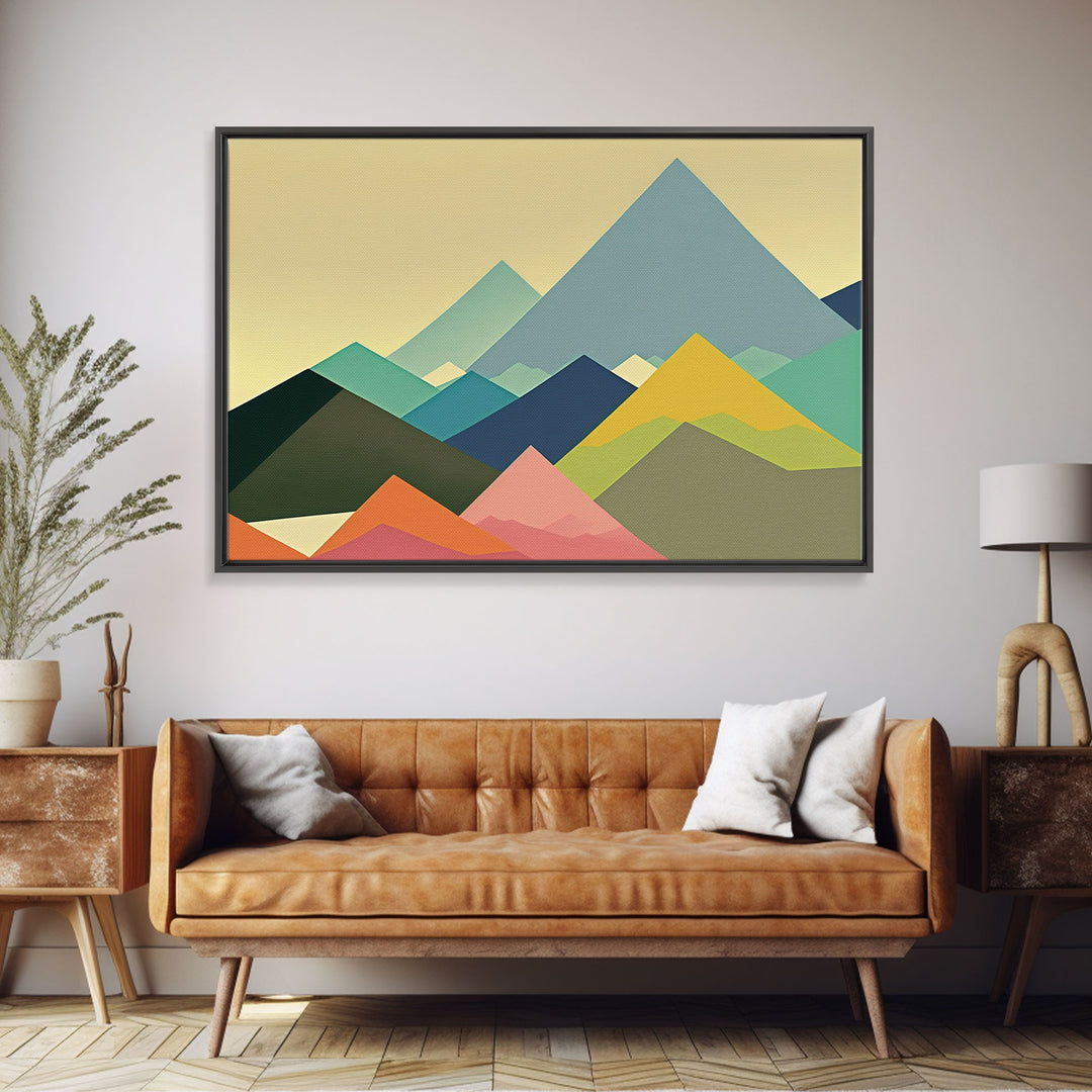 Swedish Style Art, Framed Canvas Print, Colorful Mountain Landscape Pop Art Style