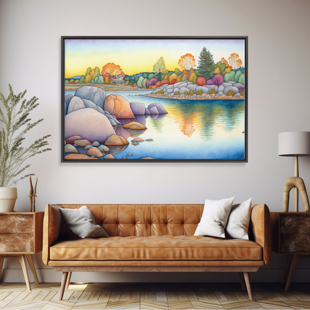 Whimsical Light Tones Watercolor Landscape, Framed Canvas Print, Watercolor Painting, Cottagecore, Farmhouse Art