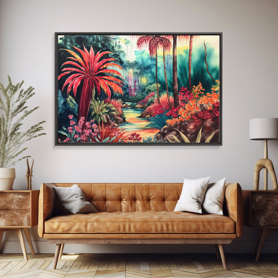 Tropical Jungle Paradise Watercolor, Framed Canvas Print, Canvas Art, Colorful Jungle Painting