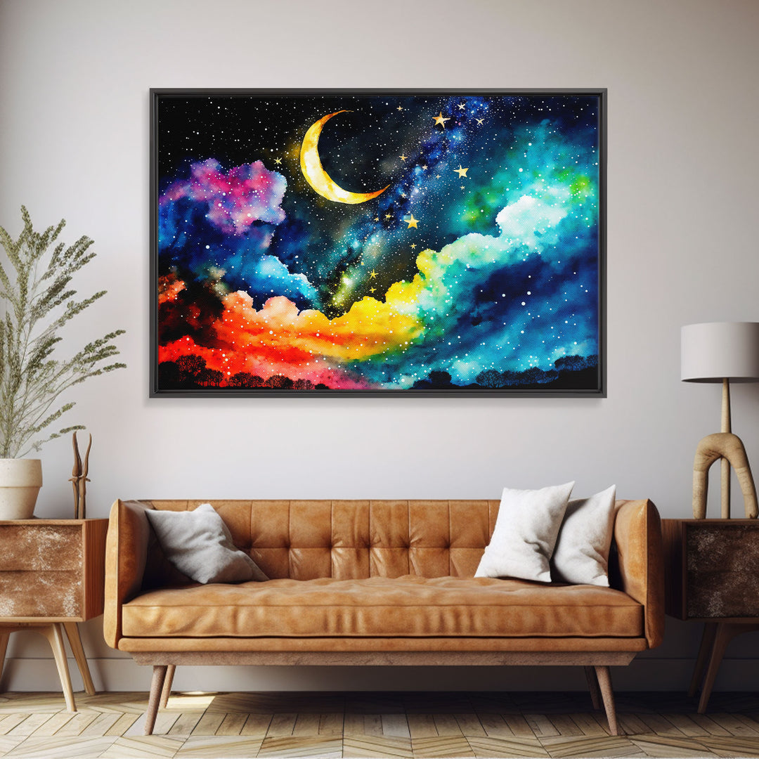 Rainbow Starry Night Sky, Milky Way Galaxy Abstract, Framed Canvas Print, Unique Scifi Space Art, Nursery Art For Kids