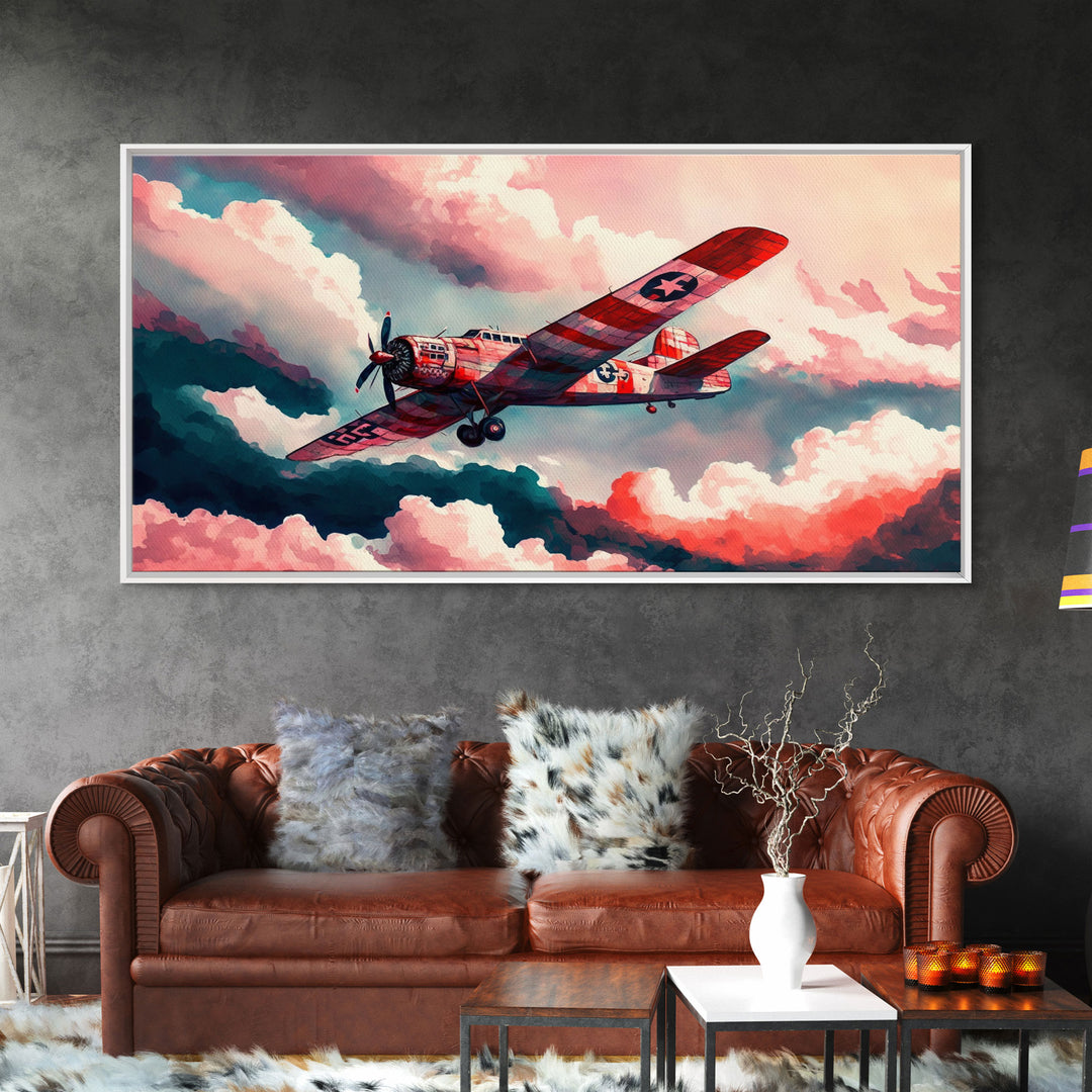 1930s Airplane in Flight, Watercolor, Framed Canvas Print, Home Decor For Pilots, Gift for Airplane Enthusiasts