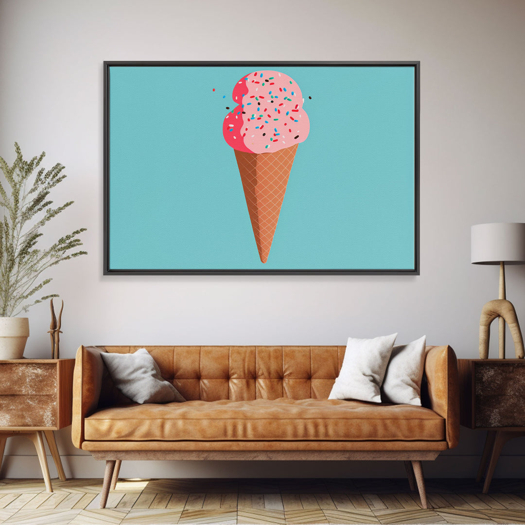 Pop Art Ice Cream Cone With Sprinkles, Retro Style Framed Canvas Print Art, Turquoise Art, Vintage Inspired Ice Cream Shop Wall Art