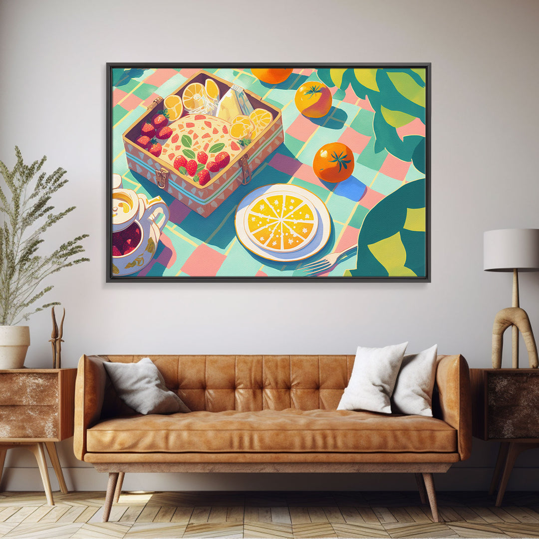 Picnic Art, Whimsical Summer Deserts, Framed Canvas Print, Fruit Tart Painting, Picnic Basket Art