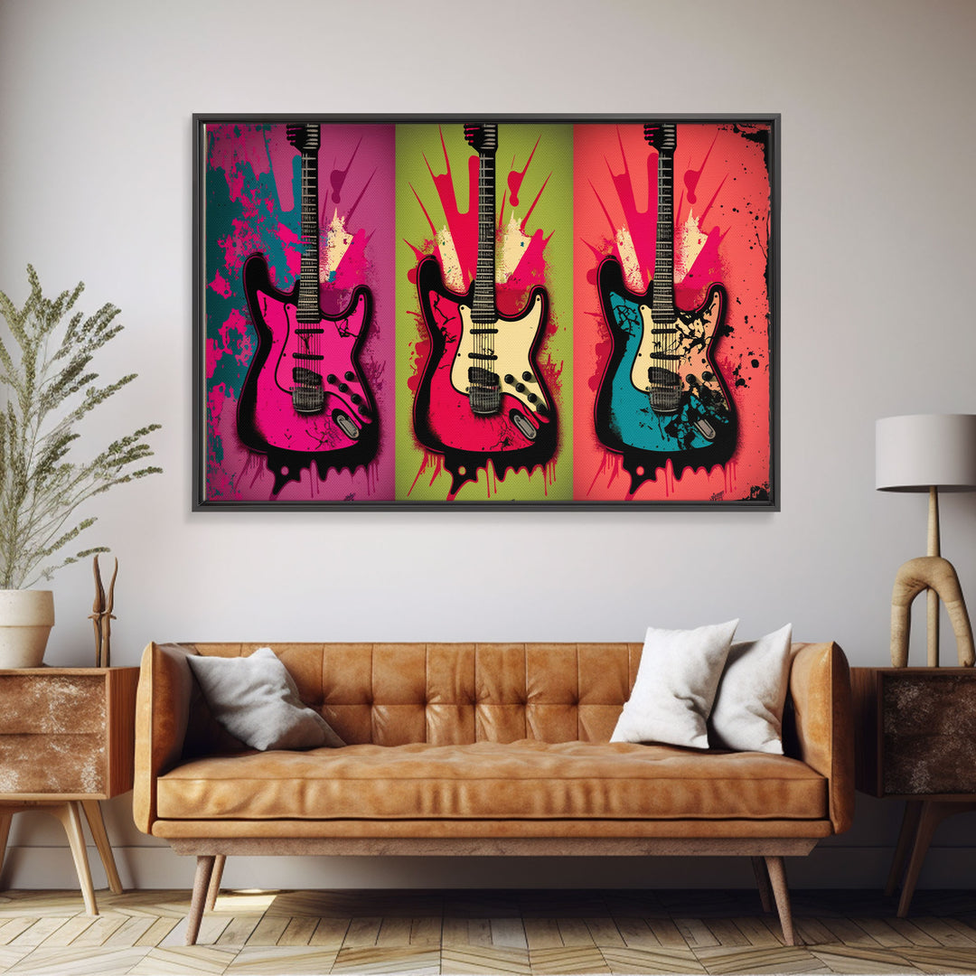 Electric Guitar Pop Art, Instrument Drawings, Framed Canvas Print, Pop Art, Graffiti Splatter Art, Large Living Room Wall Decorr