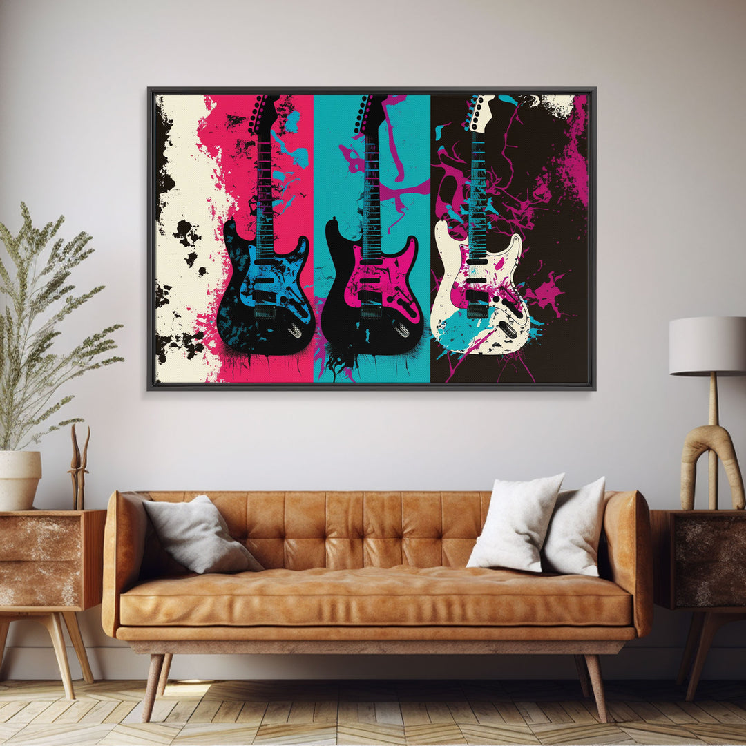 Electric Guitar Graffiti Punk Pop Art, Instrument Drawings, Framed Canvas Print, Pop Art, Splatter Art, Large Living Room Wall Decorr