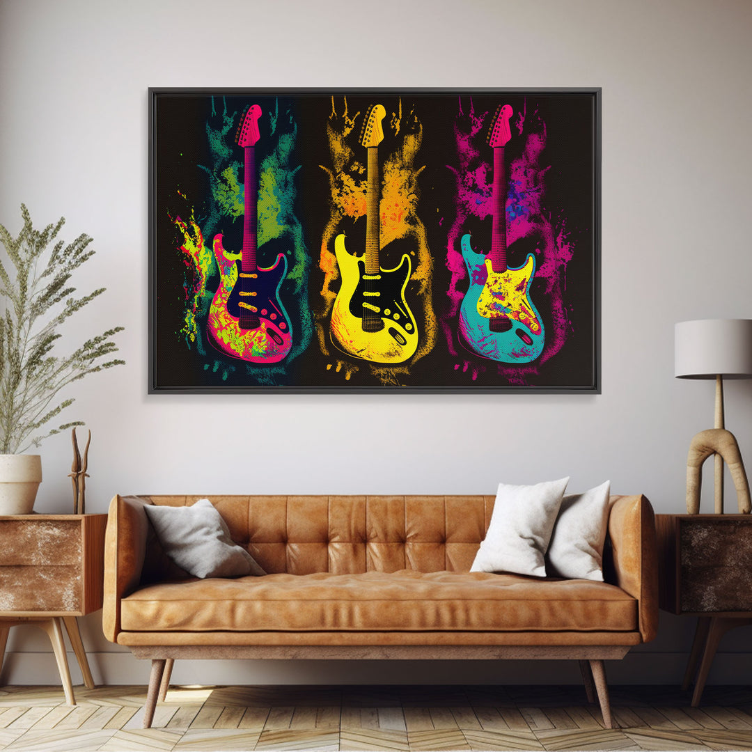 Psychedelic Electric Guitar Graffiti Pop Art, Instrument Drawings, Framed Canvas Print, Pop Art, Splatter Art, Large Living Room Wall Decorr