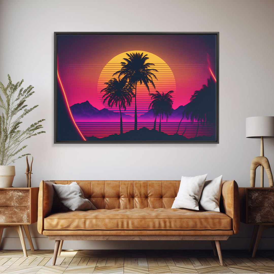 Synthwave Sunset Behind Beautiful Palm Trees, 1980s Style Retro Home Decor, Framed Canvas Print