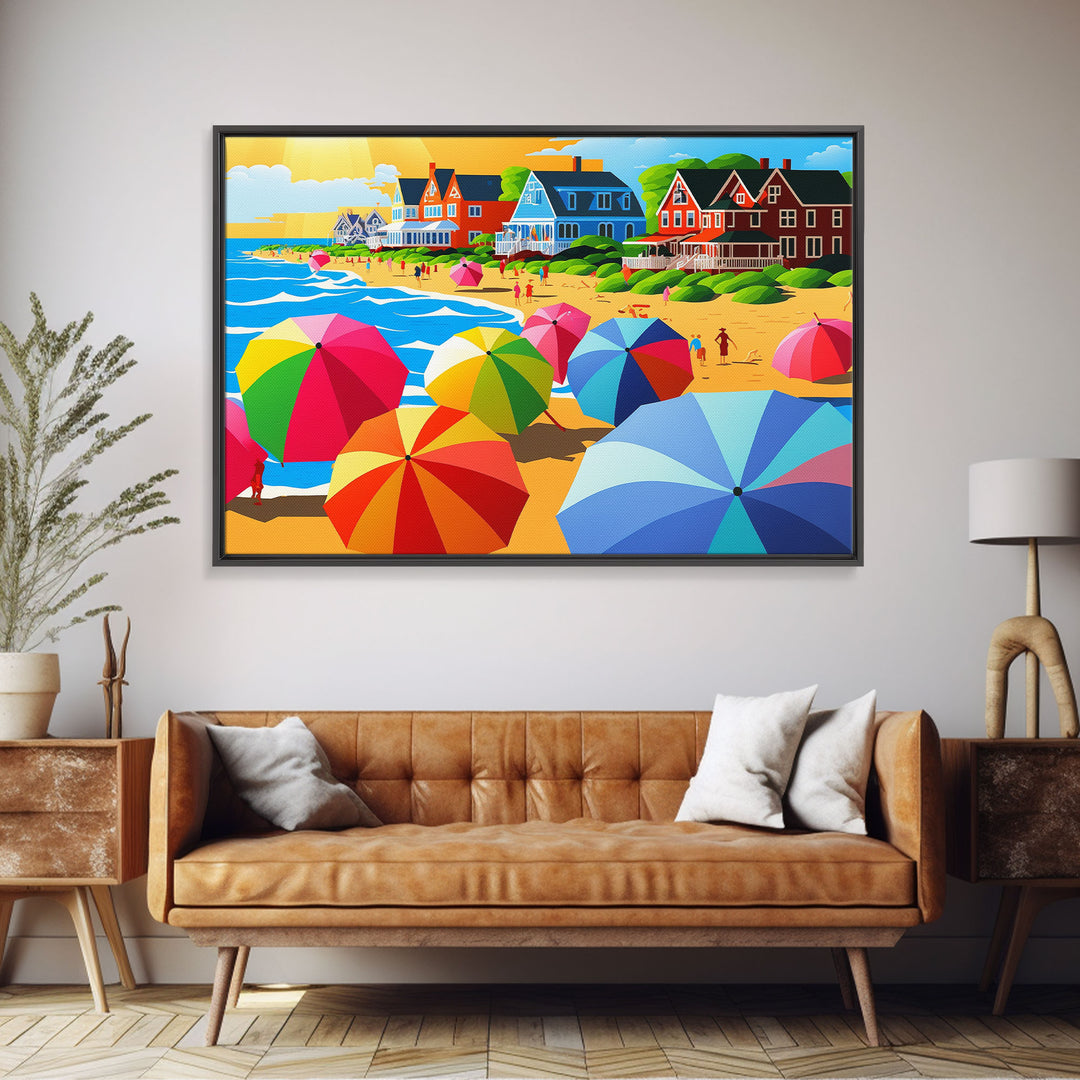 The Beach Crowd, Art Deco Pop Art Mashup, Framed Canvas Print, Colorful Beach Umbrellas, Beach House Lake House Decor