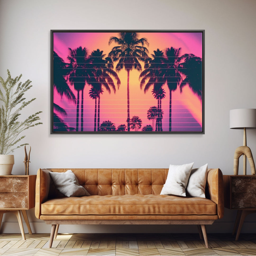 Synthwave Sunset Art, Framed Canvas Print, Palm Tree 80s Vibe Wall Art