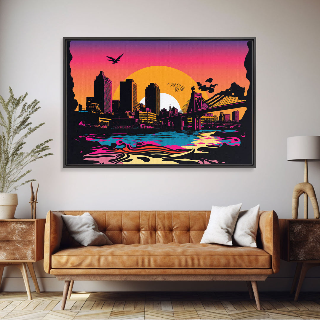 Beautiful Portland, Oregon Retro Synthwave Style Sunset Art, Framed Canvas Print, Pacific Northwest City Art