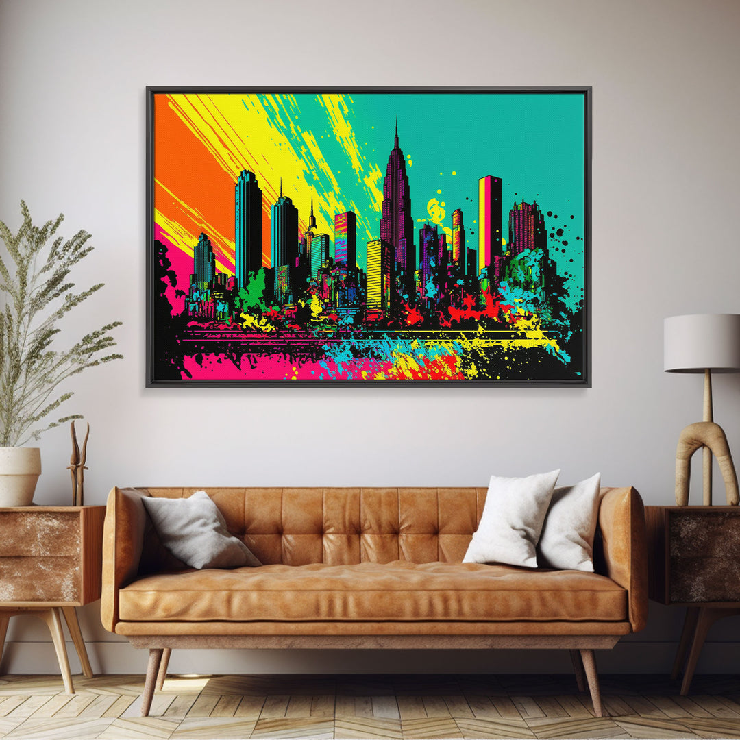 Chicago City Skyline Graffiti Art, Framed Canvas Print, Large Office Wall Decor, Huge Living Room Art