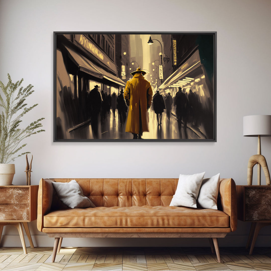 The Man in The Trench Coat, Framed Canvas Print, Time Lapse Watercolor Painting, Subdued Office Wall Art, Noir Art