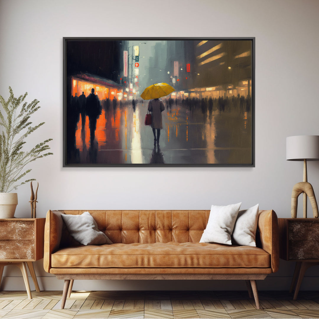 Rainy City At Night, Framed Canvas Print, Dystopian Rain Art, Huge Wall Art, Large Oversized Wall Decor