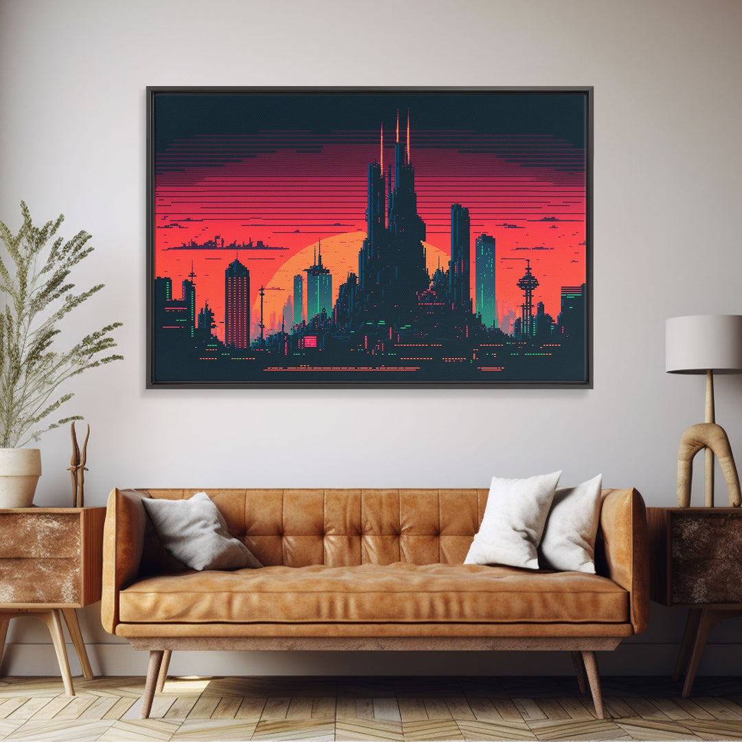 Outrun Style Pixel Art Futuristic Cyberpunk City Skyline at Sunset, Concept art, framed canvas print, dystopian art