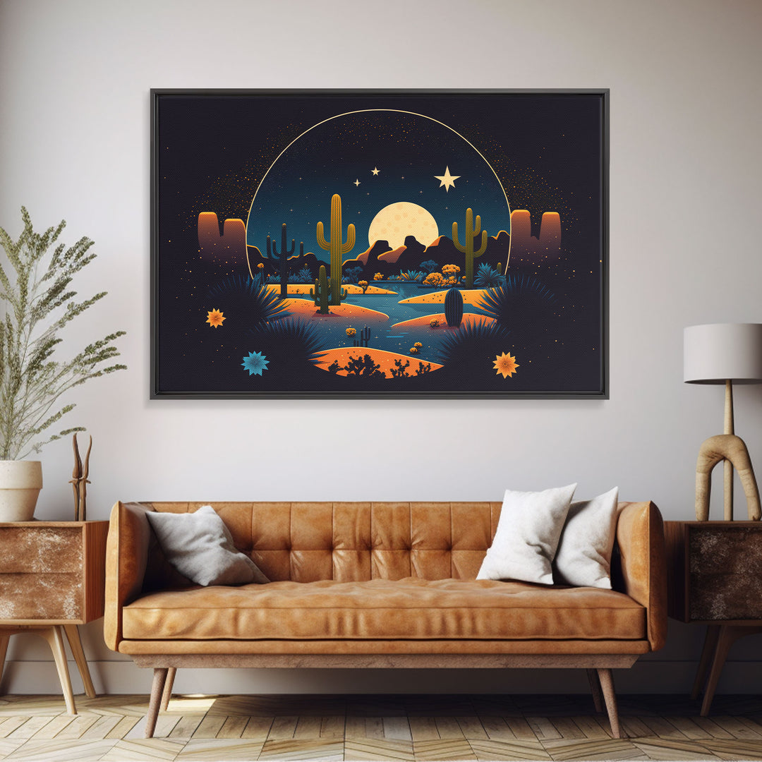 Retro Art Deco Style Pueblo Desert Art, Cactus Desert Landscape under a Full Moon, Framed Canvas Print, Cute Western Decor