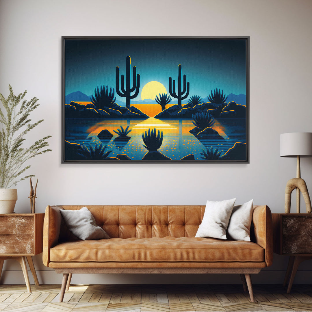 Retro Art Deco Style Pueblo Desert Art, Cactus Desert Landscape under a Full Moon, Framed Canvas Print, Cute Western Decor