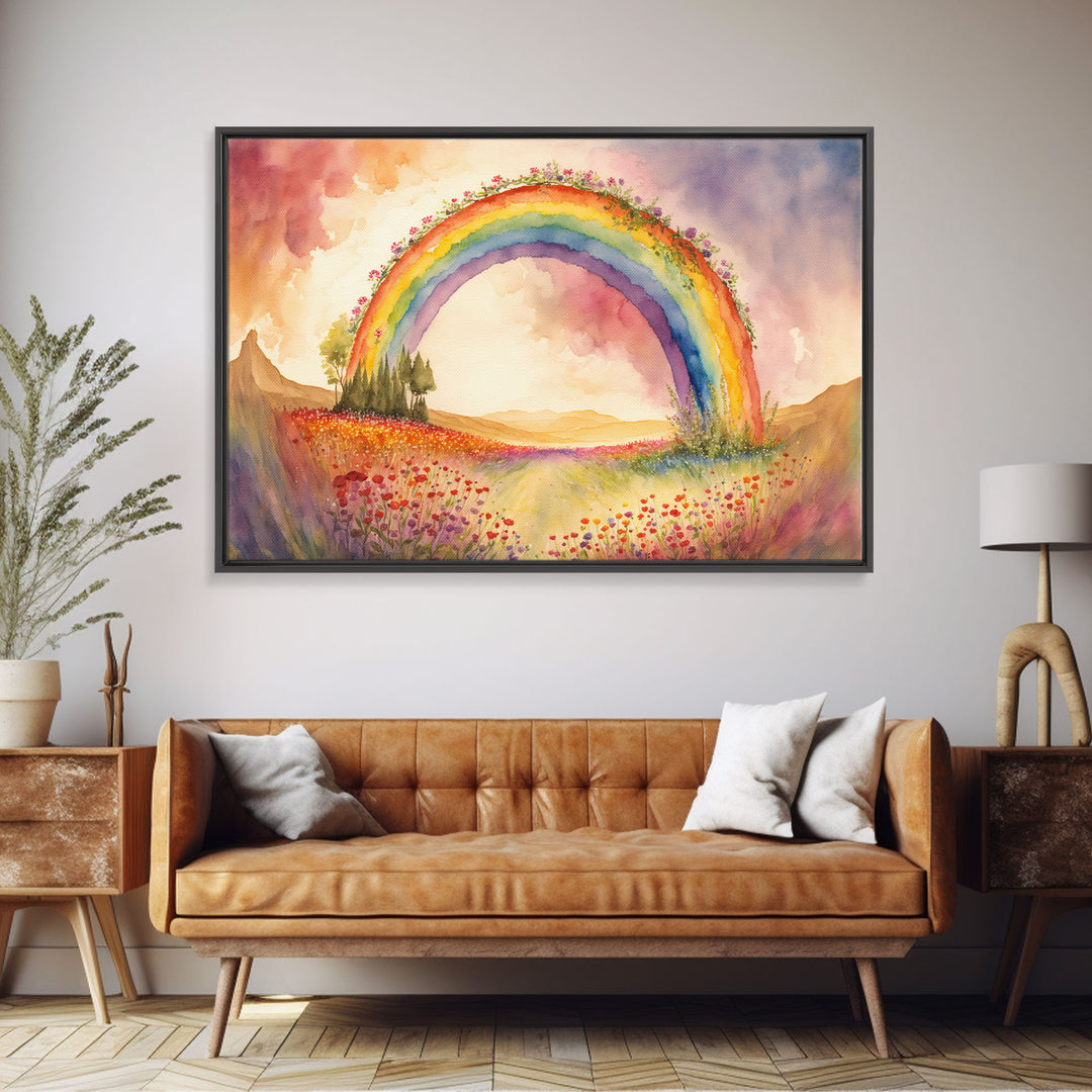 Watercolor of a Rainbow With Flowers, Framed Canvas Print, Framed Wall Art, Huge Framed Living Room Wall Decor, Rainbow and Flowers, Floral