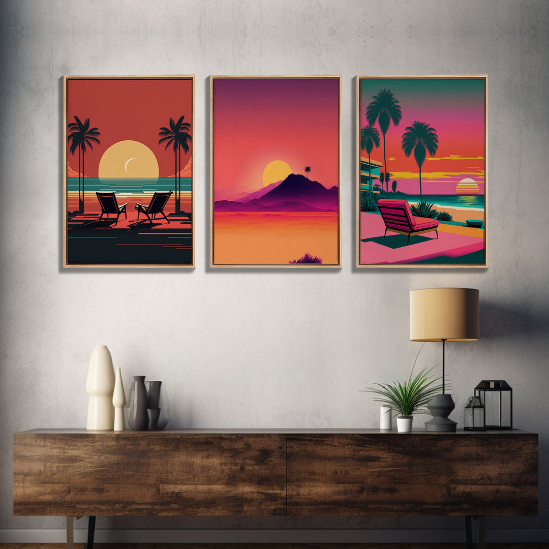 Outrun Style Midcentury Modern Wall Art, Framed Canvas Prints, Triptych Wall Art, 3 Panel Canvas Art, Retro Synthwave Beach Vibes Art