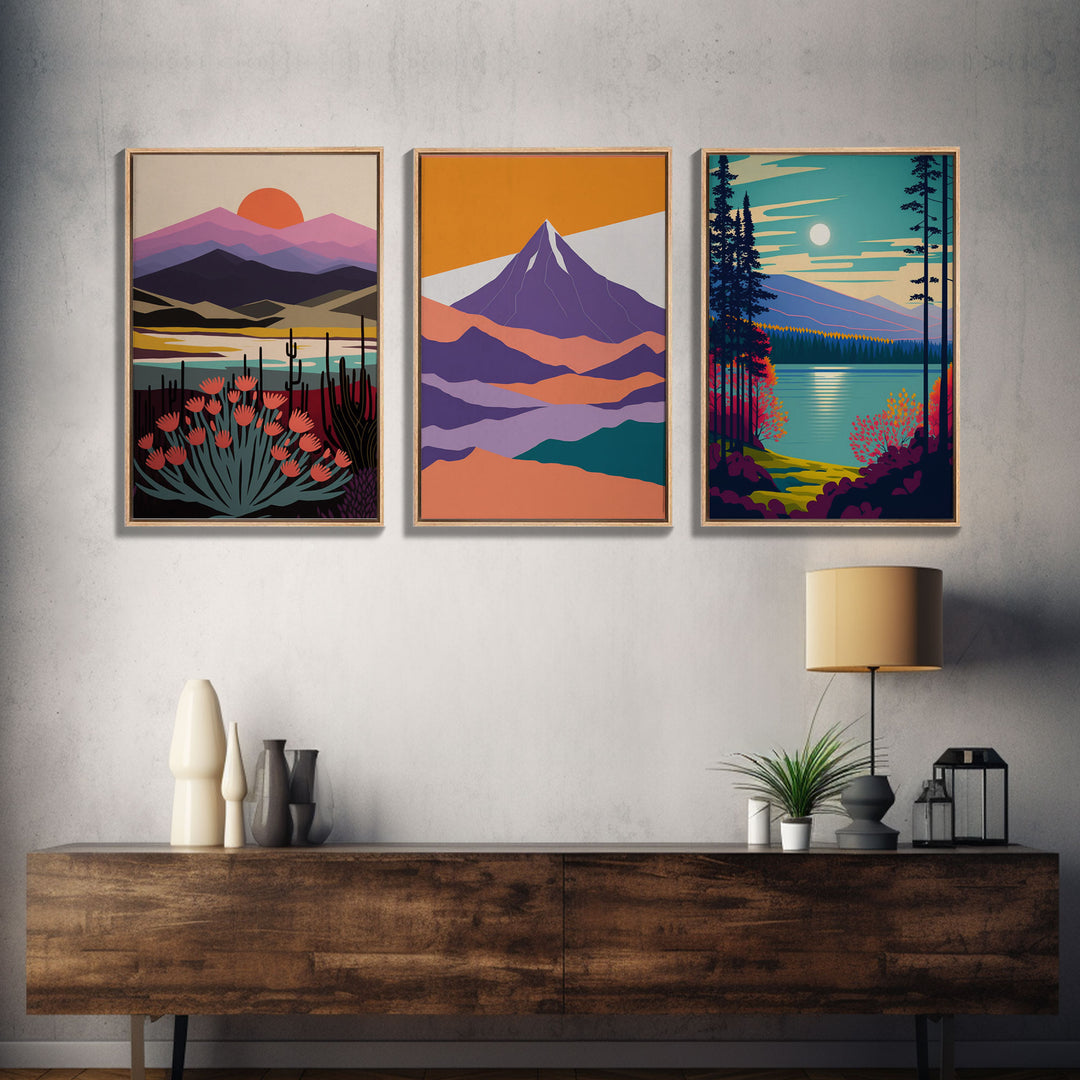 Minimalist Landscape Decor, 3 Piece Canvas Print, Framed Wall Art, Pacific Northwest Inspired Scandinavian Decor, Retro Style