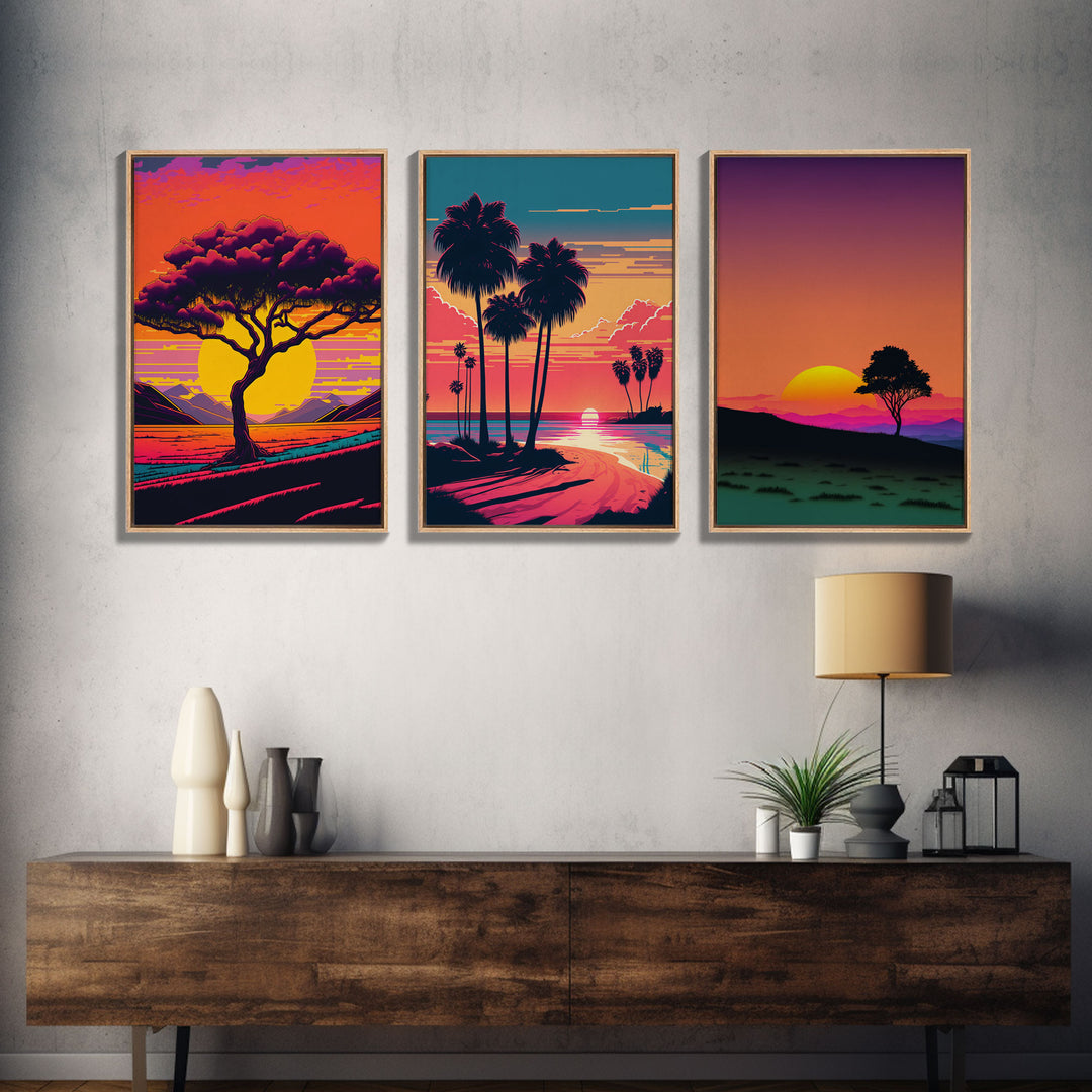 Triptych 3 panel Wall Art, Framed Canvas Prints, Synthwave Landscape Decor, MCM 80s Vibes Retro Style 3 Piece Art