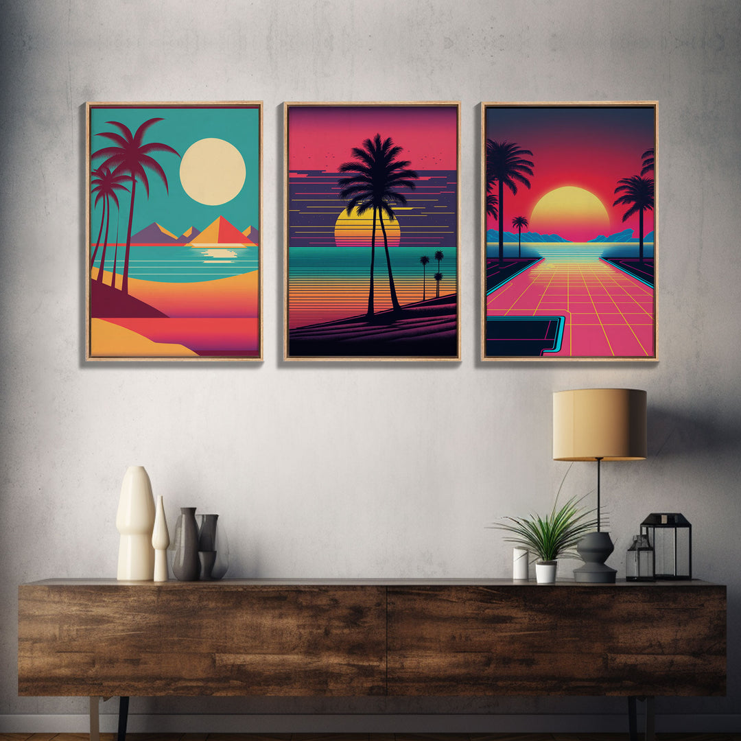 Midcentury Modern Wall Art, Mid Century Modern, 3 Piece Framed Canvas, 3 Panel Art, Triptych Art, Vaporwave Palm Trees and Sunset, 80s Retro