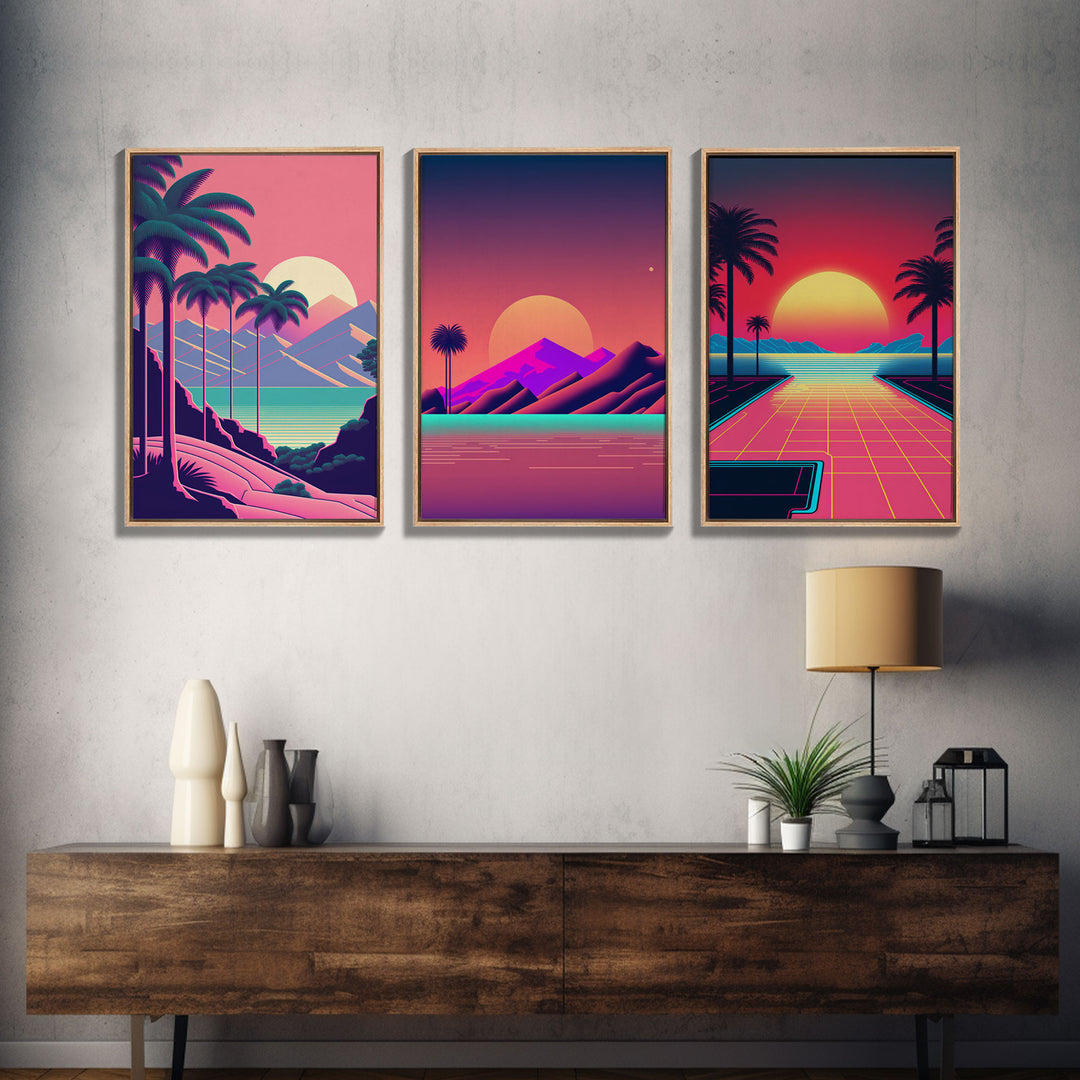 Retro 80s Style Art, 3 Panel Framed Canvas Prints, Canvas Wall Art, Synthwave / Vaporwave Aesthetic Retro Style Wall Art, Pink Wall Decor