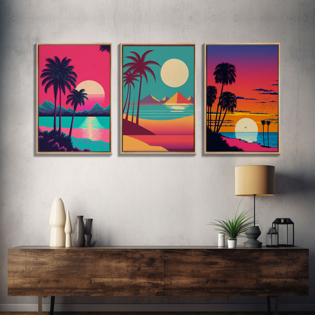 Retrowave Priint Set  - 3 Piece Wall Art - Triptych 3 Panel Art - Beach Wall Art - Framed Canvas Prints - Tropical Beach Decor