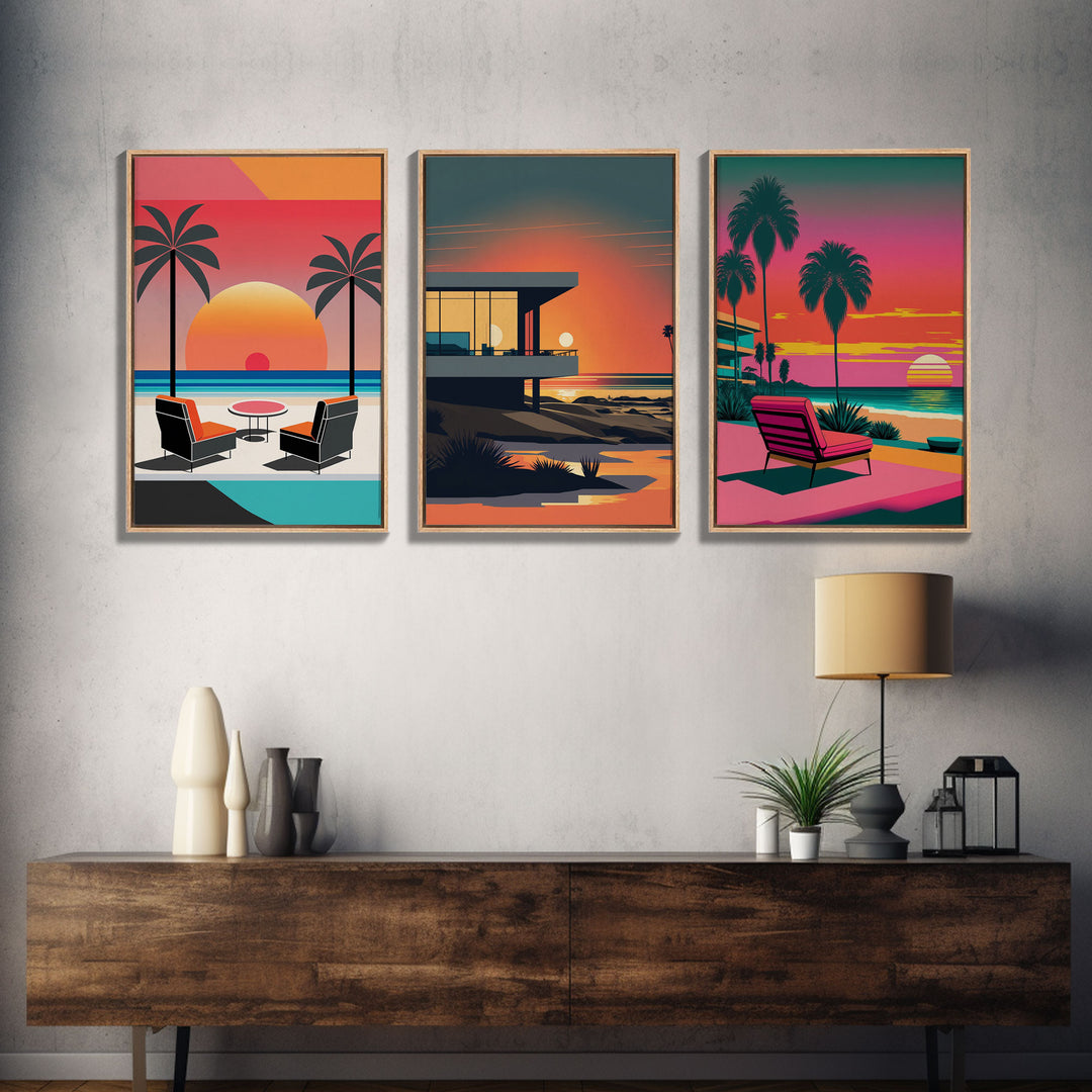 Vaporwave Aesthetic Wall Art Framed Canvas, Set of 3 Framed Canvas, Tropical Decor, Travel Posters, Original Art Framed Canvas