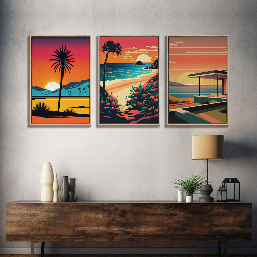 Desert Art, California Themed Wall Art, Framed Canvas Prints, 3 Piece Wall Art, 3 Panel Triptych Art, Retro Style, Orange Hues Art