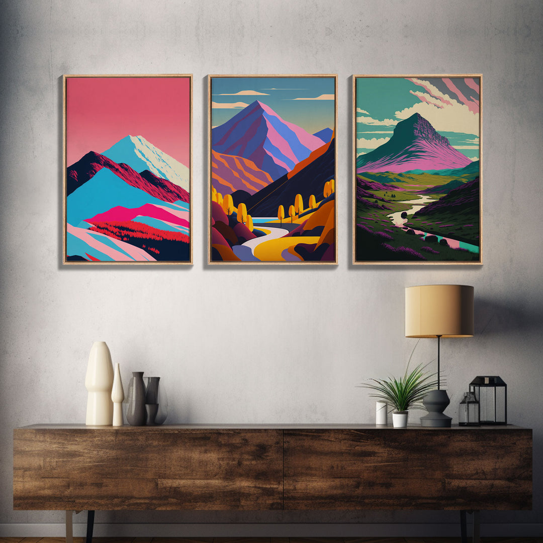 Minimalist Midcentury Wall Art, Framed Canvas Prints, 3 Piece Wall Art, Abstract Art, Modern Wall Decor, Mountain Landscape