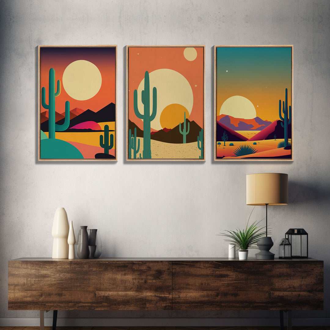 Desert Art, Desert Prints, Trendy Wall Prints, Framed Canvas Art, 3 Piece Wall Prints, Southwestern Decor, Primitive Cactus Art, Arizona Art