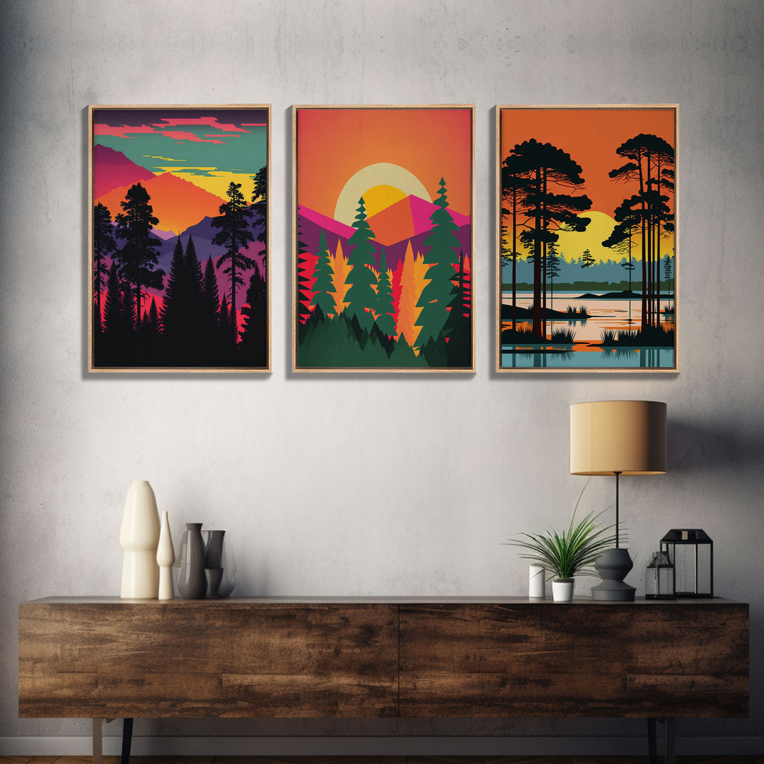 Pacific Northwest MCM Style Landscape Art, Framed Canvas Prints, 3 Piece Art Set, Triptych Art, Colorful Retro Style Pine Tree Forests