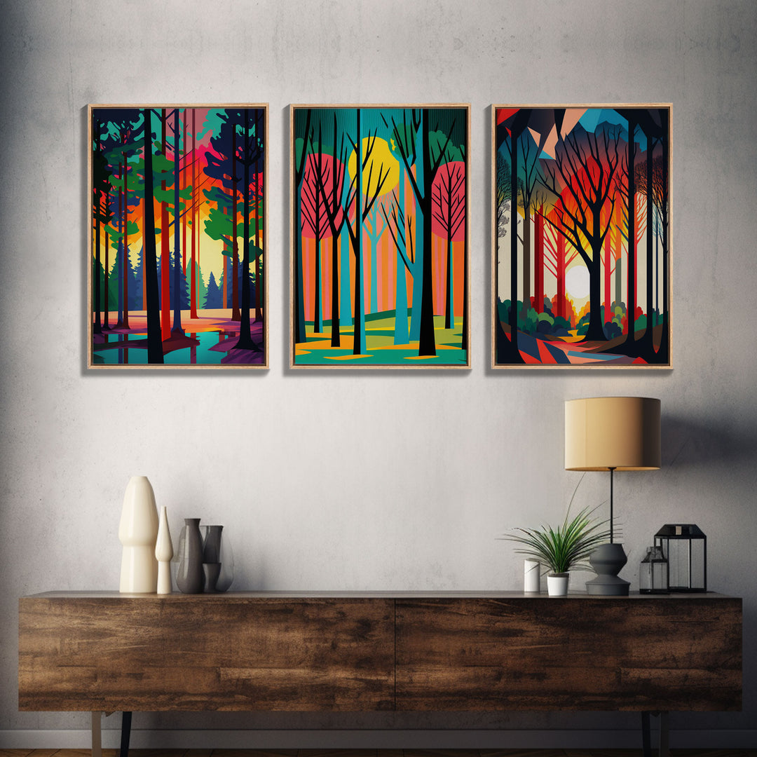 Retro Pine Tree Forest In The Fall, 3 Piece Canvas, 3 Panel Art, Framed Canvas Art, Colorful Abstract / Minimalism Landscape Art