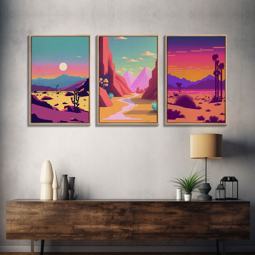 Desert Canvas Prints Set of 3, Arizona Desert 3 Panel Wall Art, Retro Boho Desert Art Print, Nature Gallery Wall Set, Large Framed Wall Art