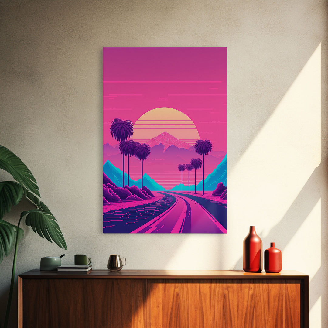 Retro Synthwave 80s Vibes Sunset Over The Mountains and Palm Trees, Highway, Framed Canvas Print