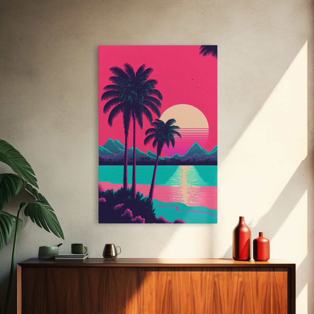 Retro Synthwave 80s Vibes Sunset Over The Mountains and Palm Trees, Highway, Framed Canvas Print