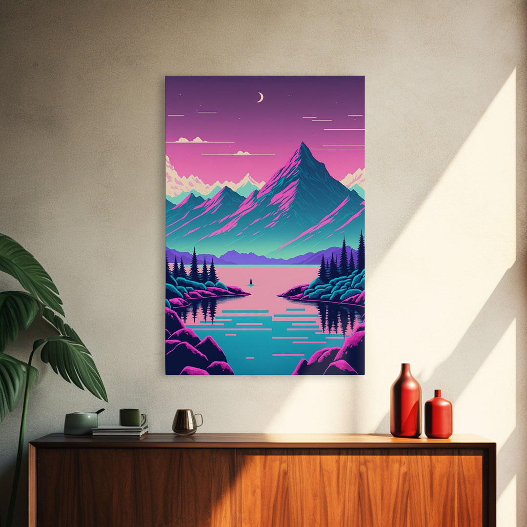 Pink and Purple Fantasy Mountain Art, Framed Canvas Print, Pacific Northwest Inspired Fantasy Art, Pop Art