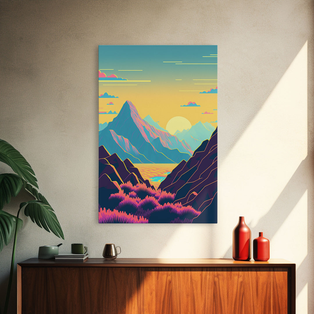 Peach Sunset, Fantasy Mountain Landscape Art, Framed Canvas Print, Minimalist Art Deco Inspired Wall Art