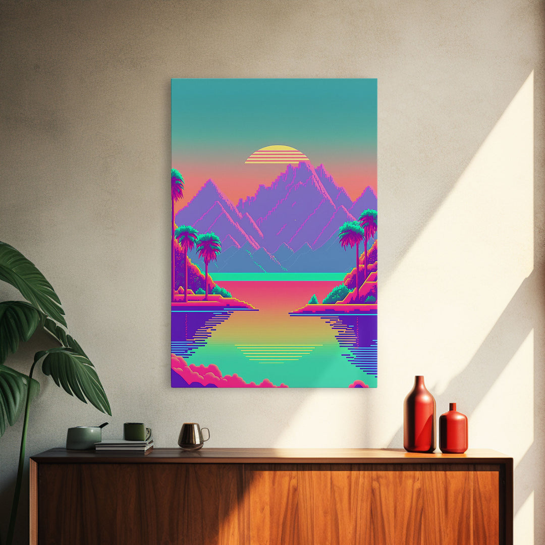 Retro Vaporwave Aesthetic Pixel Art Sunset, Turquoise and Pink Fantasy Landscape Art, Gamer Decor, Game Room Art