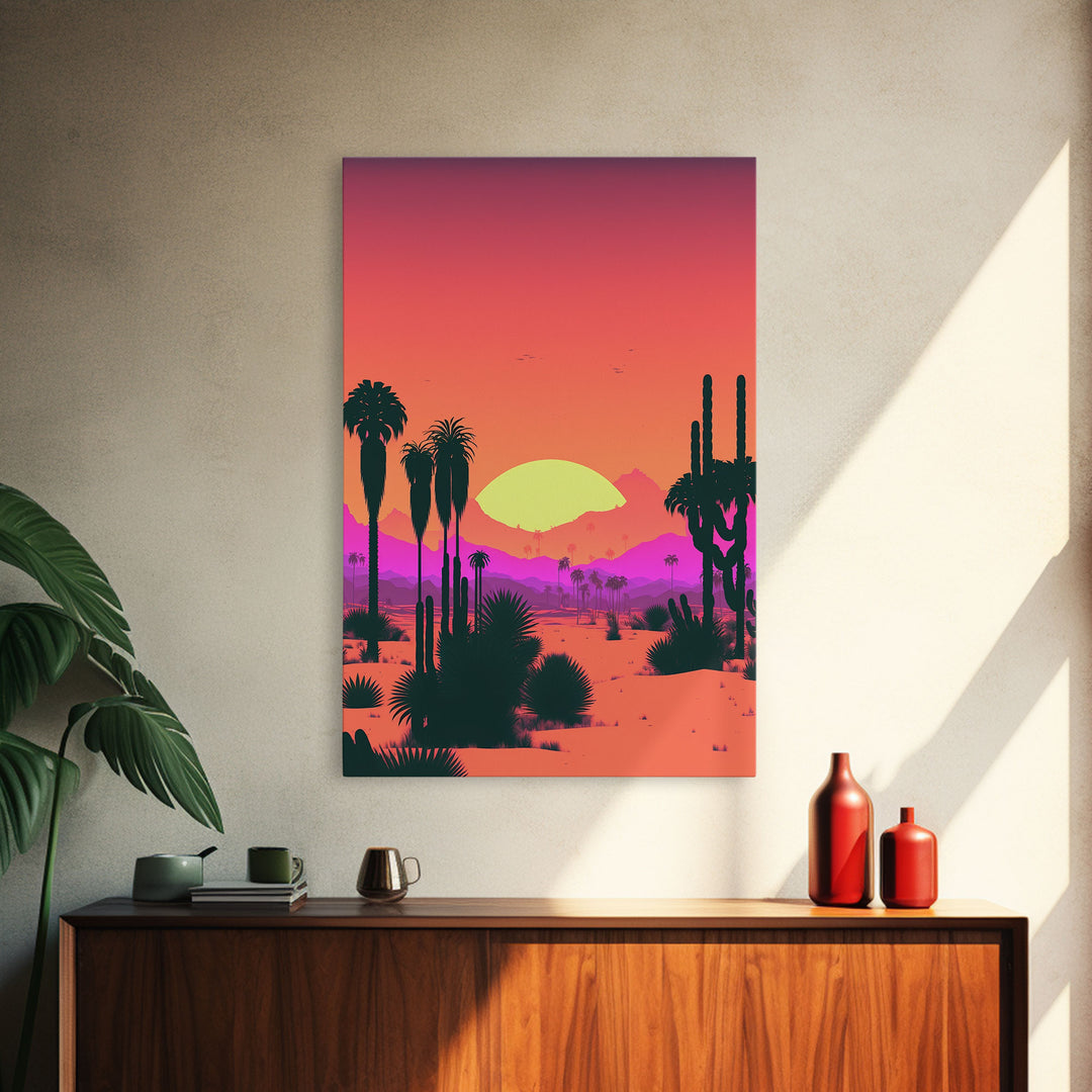 Retro Art Deco Style Minimalist Desert Landscape Print, Framed Canvas Art, Synthwave Style, Southwestern Decor, Western Art, Guest Room