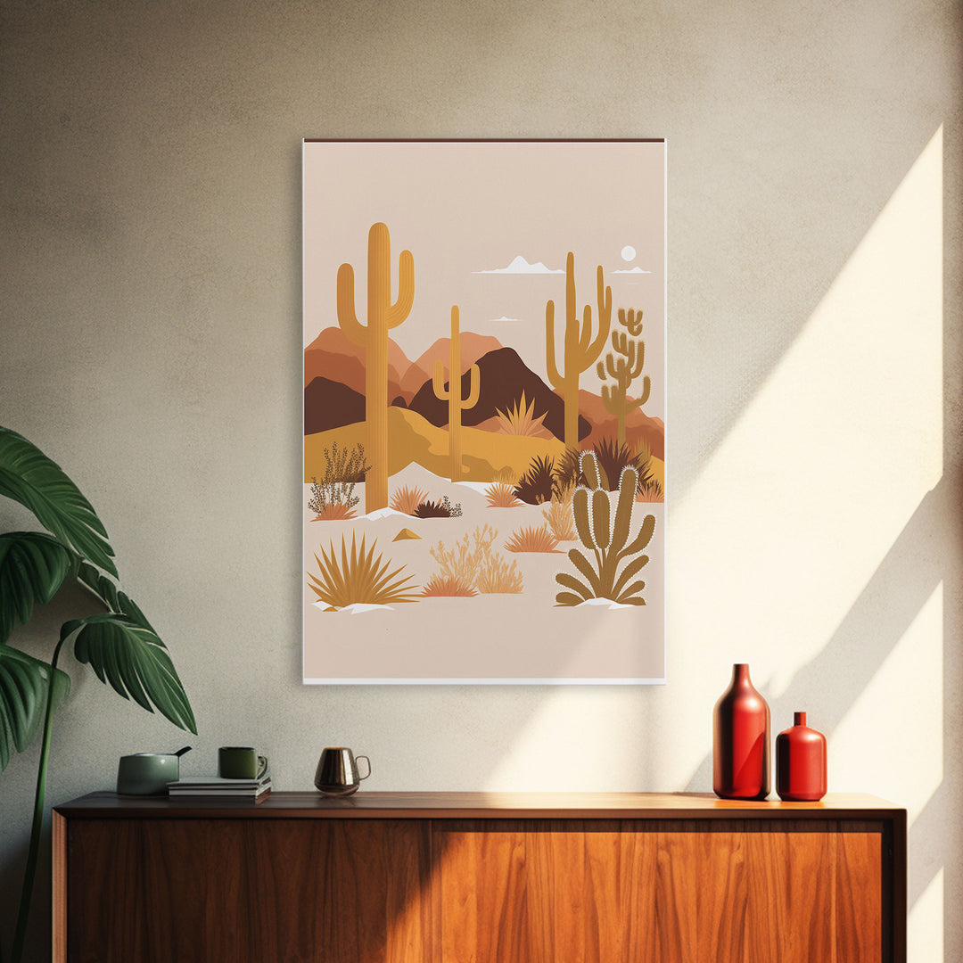 Boho Style Desert Art, Framed Canvas Print, Pueblo Style Cactus and Desert Landscape Art