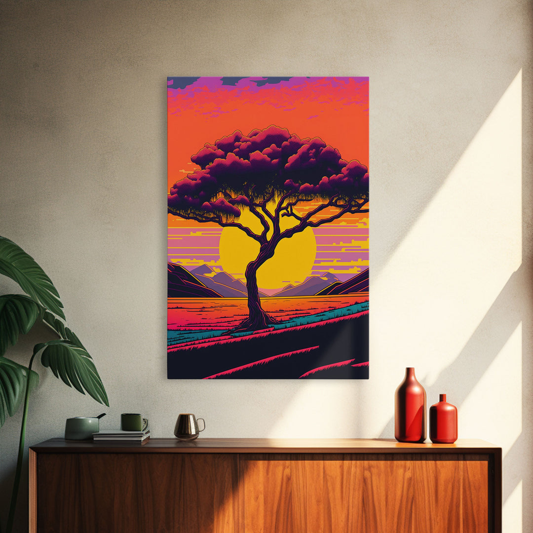 Weeping Willow At Sunset, Retro Style MCM Art, Framed Canvas Print, Trendy Wall Prints, Landscape and Sunset Outrun Art