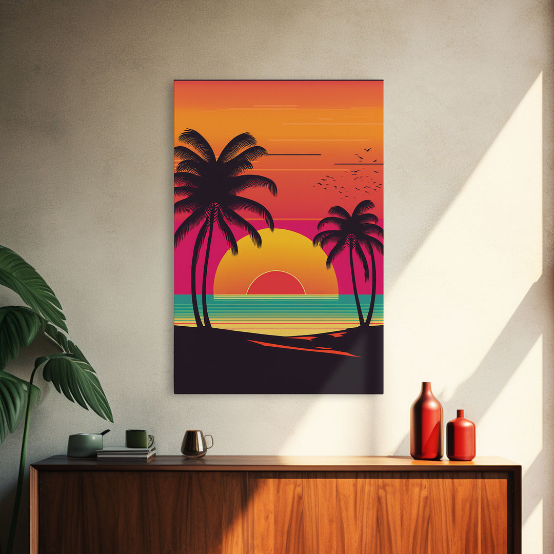 Retro Beach Vibes, Palm Trees at Sunset, Retrowave Landscape Art, Framed Canvas Print,  Florida Art, California Art, Game Room Decor