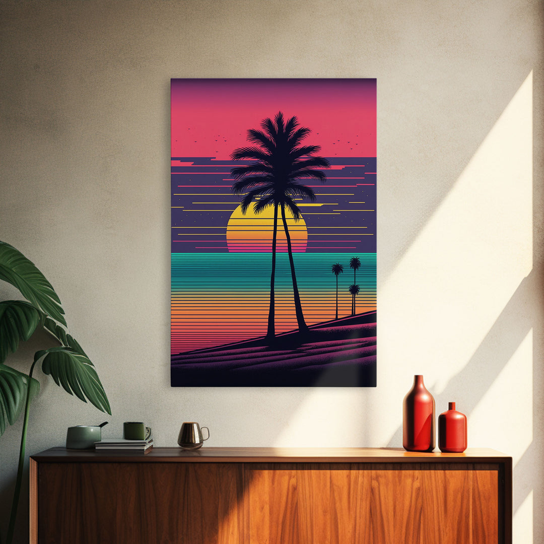 Framed Canvas Print | Synthwave Sunset with Palm Trees | Home Decor | Ready to Hang | Retro Style Decor